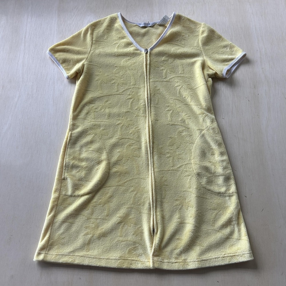 Vintage Jasmine Rose Robe Womens Small Yellow Terry Zip Palm Trees Kaftan Beach